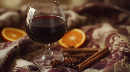 A wine glass holding a rich mulled wine with cinnamon sticks star anise and orange slices placed on a festive tablecloth.