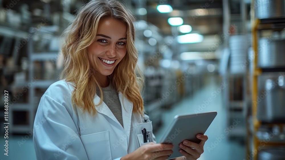 Poster smiling female engineer using tablet in factory.