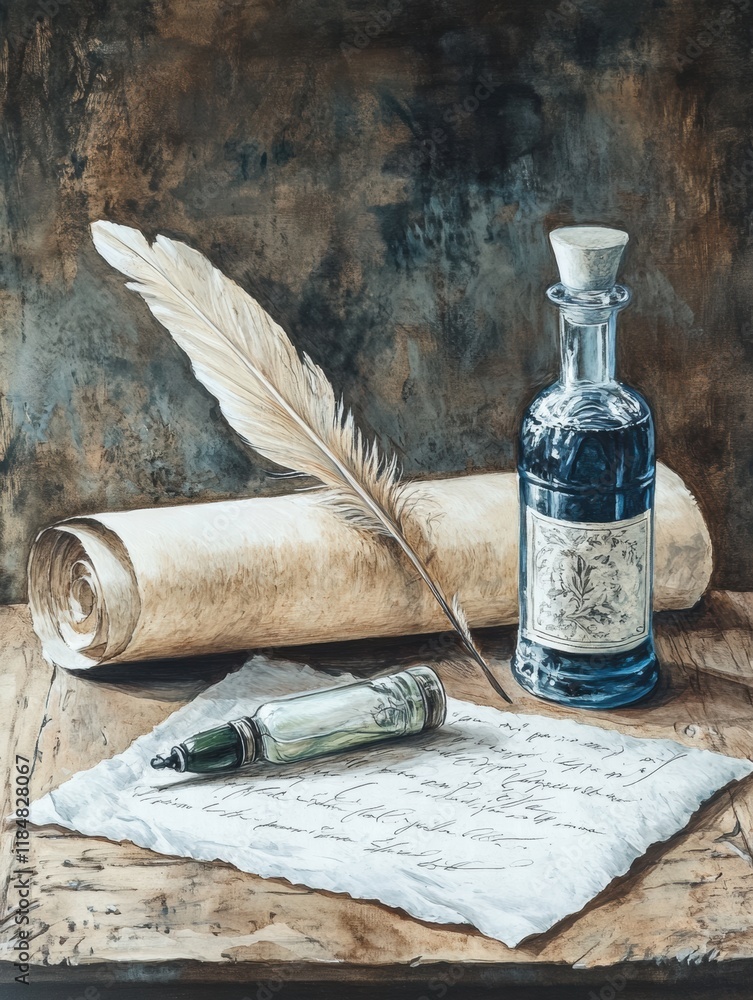 Poster elegant calligraphy tools with a feather quill, ink bottle, and parchment paper on a wooden table. g