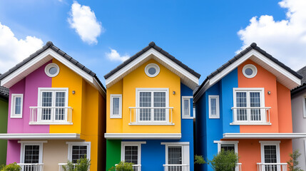 Obraz premium Vibrant coastal village with colorful houses under a bright blue sky inviting tourists to explore its charm and beauty