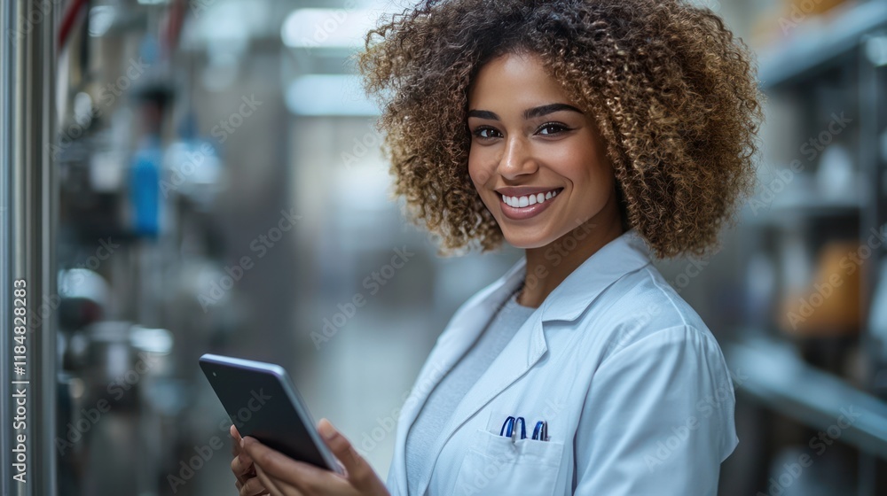 Poster smiling female scientist using tablet in lab.