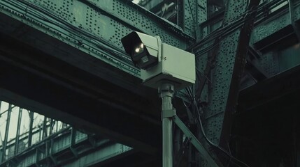 Obraz premium Camera on Bridge with Urban Landscape Background