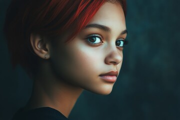 Fototapeta premium Commercial commercial idea. Gorgeous calm mixed-race girl - for ads, billboard and online promotion use. Short hairdo - red hair. Creative haircut concepts. Vibrant hair campaigns. Glam look.