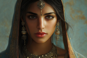 A detailed portrait of a woman in a traditional Indian outfit with elaborate decor. She wears heavy jewelry, including a tikka on her forehead and lotus-shaped earrings.