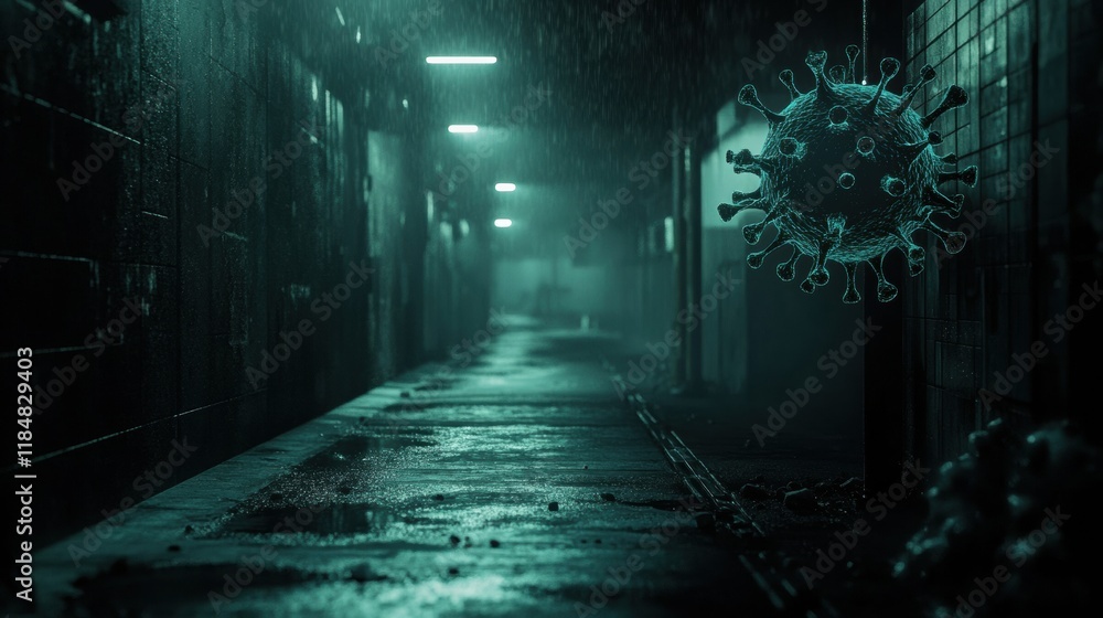 Aufkleber Empty urban street illuminated by dim lights features a symbolic virus motif floating in the air. Generative AI