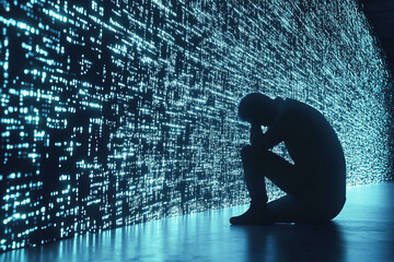 Torrential stream of data crashing down on a hunched figure clutching his head in despair, demonstrating the drowning sensation of being immersed in an endless stream of information.