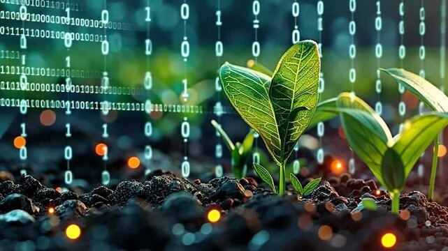 Green plants grow amidst digital binary code.