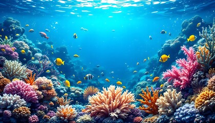 Naklejka premium Vibrant Underwater Coral Reef Paradise: A Stunning Panorama of Marine Life