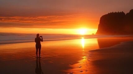 A person taking a photo of a sunset at the beach, capturing a travel memory. 