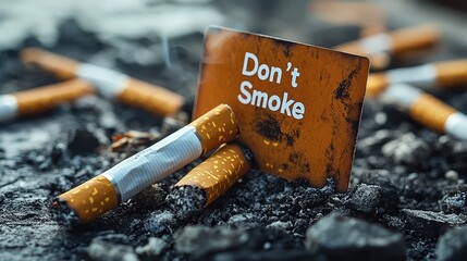 A broken cigarette lying next to a "Don't Smoke" card, symbolizing quitting smoking for better health