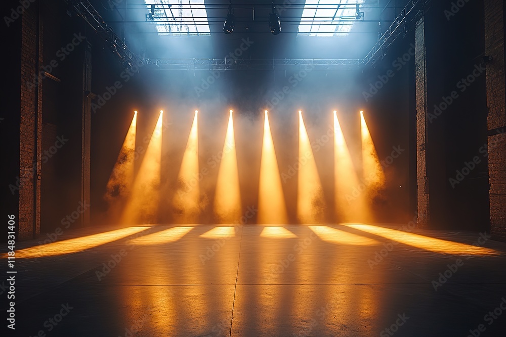Poster yellow and white spotlights illuminate stage floor in a dark room, creating a dynamic and visually s