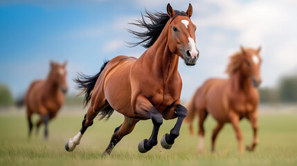 Obraz premium Wild horses galloping freely across expansive green fields under a bright blue sky with fluffy clouds