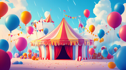 Colorful carnival tent with balloons and fun decorations, perfect for festive occasions and celebrations. Dewlight. Illustration