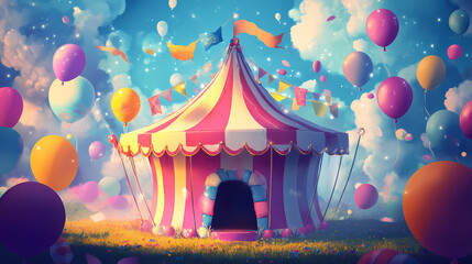 Colorful carnival tent with balloons and fun decorations, perfect for festive occasions and celebrations. Dewlight. Illustration