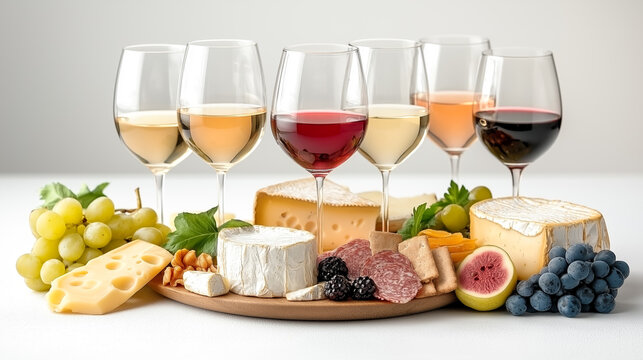 Elegant wine tasting setup with assorted cheeses and fruits on a wooden platter
