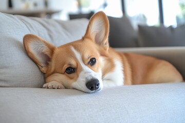 Close-up of a corgi dog lying on the sofa in a white living room, its head resting on the armrest, eyes open and looking at the camera Generative AI