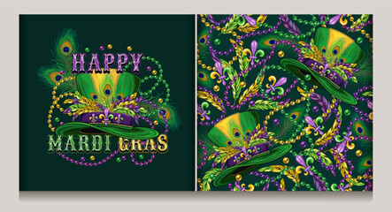 Mardi Gras green emblem, seamless pattern with top hat with fleur de lis pins, feathers, intertwined interlaced strings of beads, text. Holiday illustrations in vintage style. © OA_Creation