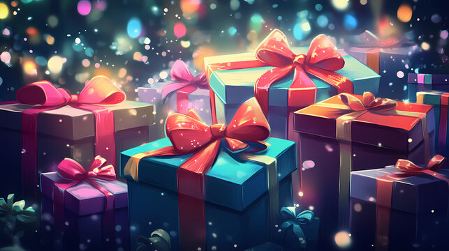 Colorful gift boxes adorned with bows, perfect for celebrations, parties, and special occasions. bright and cheerful design. Dewlight. Illustration