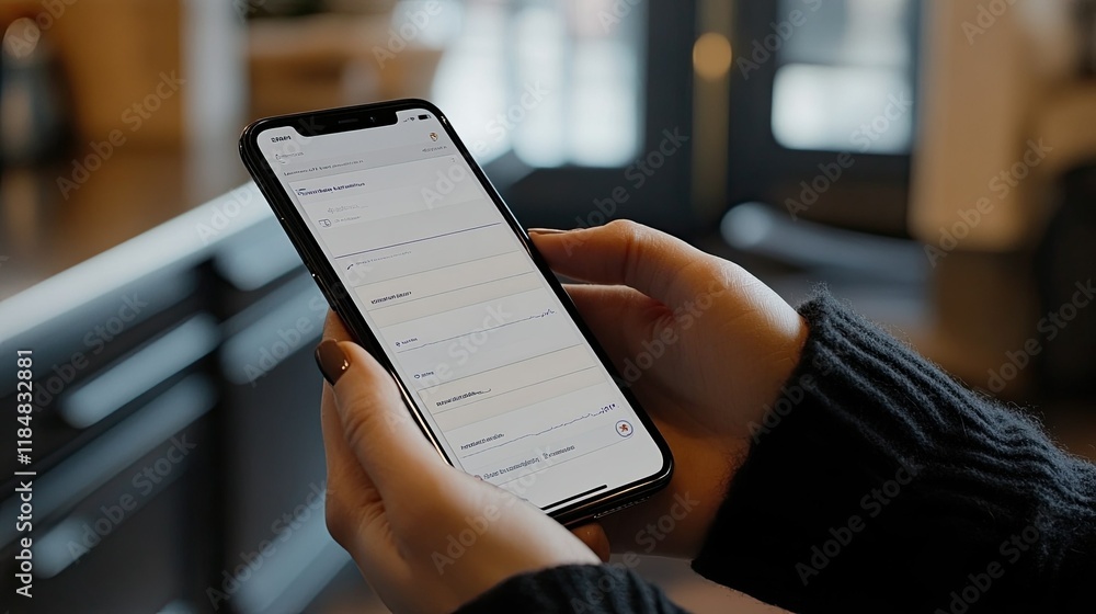 Poster a person using a mobile phone with a finance app open, showing spending and budget tracking.