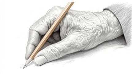 Close-up of an Elderly Person's Hand Writing with a Pencil