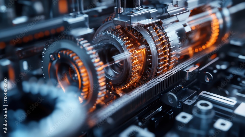 Poster close up view of intricate gears rotating within a sophisticated machine, showcasing advanced engine