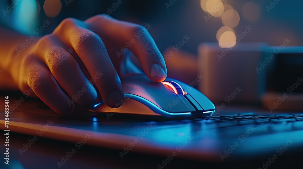 Poster a person using a mouse to navigate through a website on a laptop.