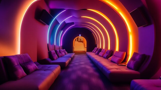 A cinema with a futuristic tunnel entrance and glowing pathways