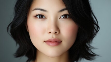 Obraz premium A woman with a short haircut and a light pink lip color. She has a serious expression on her face