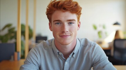 A young man with red hair and a smile is sitting at a desk. He is wearing a gray shirt and a white shirt