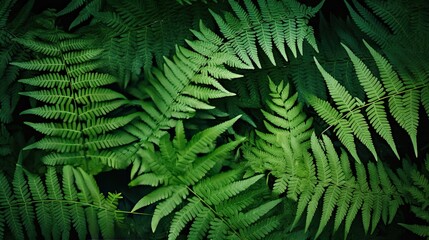 Obraz premium Delicate green fern fronds on dark green background 