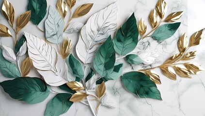 Abstract leaf arrangement with emerald green, white and golden textured leaves on white marble background 