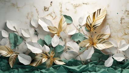 Abstract leaf arrangement with emerald green, white and golden textured leaves on white marble background 