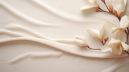 Minimalist wedding arrangement of white magnolia petals on white silky fabric with delicate folds and blank copy space