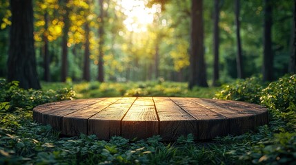 Naklejka premium Sunlit Wooden Platform in a Forest Clearing Surrounded by Lush Greenery and Nature's Beauty