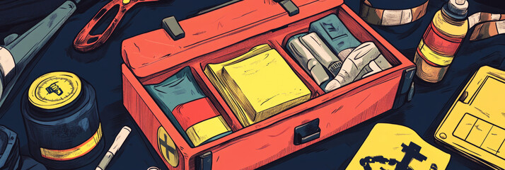 A set of essential medical tools, including gloves and bandages, prepared for use in a post-nuclear explosion first-aid situation, banner