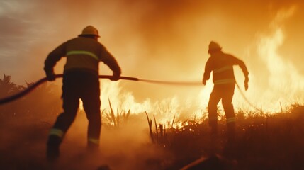 Firefighters combat wildfires forest area action shot fiery environment dramatic viewpoint urgent response