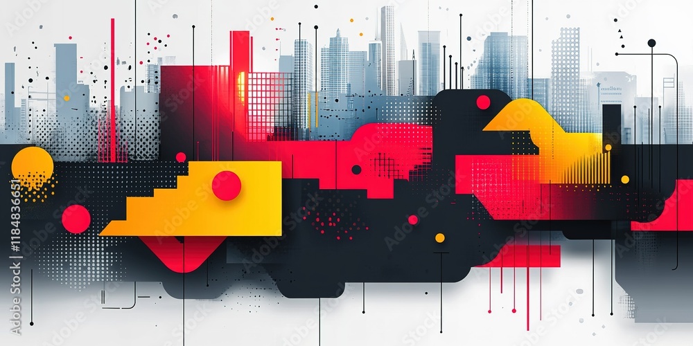 Poster abstract urban cityscape in bold colors with geometric shapes and patterns representing modern archi