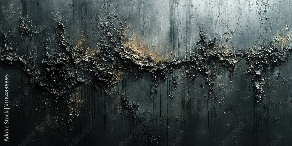 Poster exploring the intricate textures of a weathered black surface with rust and decay in an urban enviro