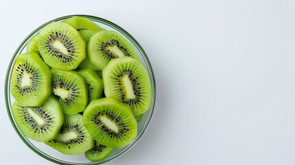 Glass bowl of sliced green kiwis on a white background, tropical fruit composition, minimalistic organic snack, isolated, healthy, top view with copy space

