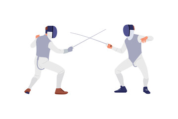 Vector illustration of sport fencing. Cartoon scene of fencers fencing with swords, dressed in light suits, sports shoes, mesh helmets isolated on white background. Duel with cold weapons. Athletes.