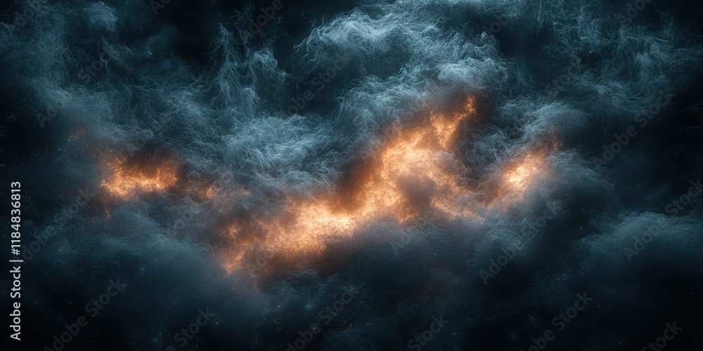 Poster swirling dark clouds illuminated by glowing orange light create a dramatic celestial display at twil