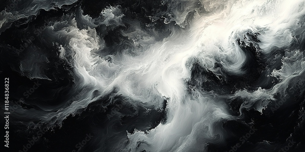 Poster dynamic swirling patterns of black and white in an abstract design creating a sense of movement and 