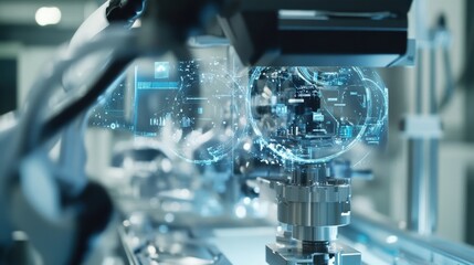 In a modern manufacturing facility, a robotic arm operates complex machinery, enhanced by a futuristic digital display showcasing advanced technology and automation