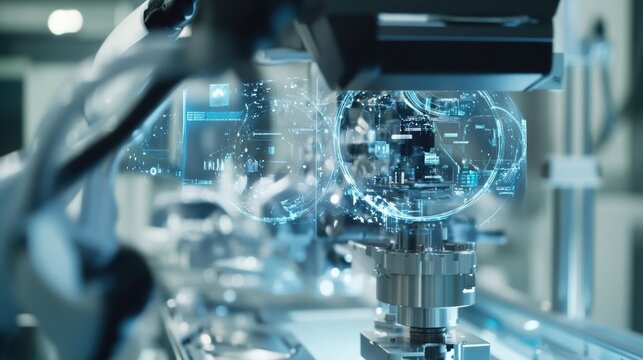 In a modern manufacturing facility, a robotic arm operates complex machinery, enhanced by a futuristic digital display showcasing advanced technology and automation