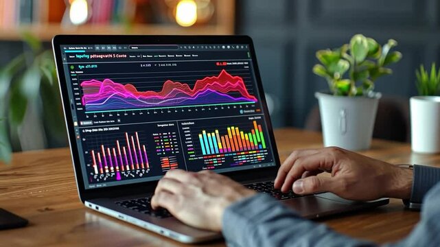 Analyzing data on laptop with colorful charts.