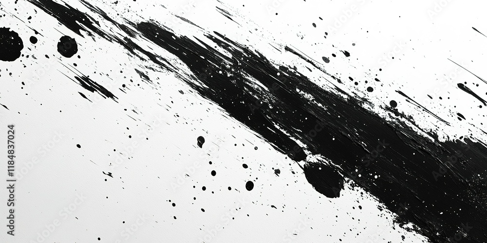 Poster black paint splatter creates dynamic abstract art on a white background, showcasing texture and move
