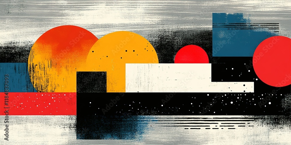 Poster bold abstract composition featuring geometric shapes and vibrant colors on a textured background