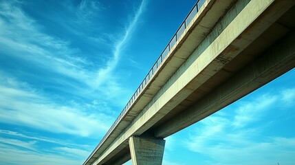 Low-angle shot of a bridge with towering supports blue sky