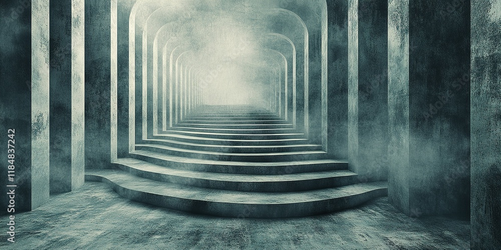 Poster mysterious stone staircase in an ethereal setting with fog and arches leading upward