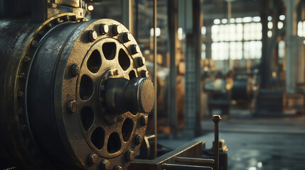 Close-up of a heavy-duty industrial machine with intricate bolts and gears, emphasizing durability and functionality in a factory setting Copy space for text 